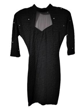 6062)Vtg 80s Absolutely! Black Textured Cutout Beaded Hi Mock Neck Cocktail 7/8